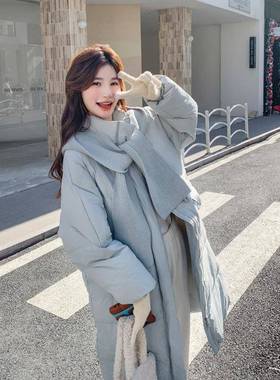 浅蓝色韩针织连帽2拼接羽服女025冬C092-985保暖厚绒实中长款白系
