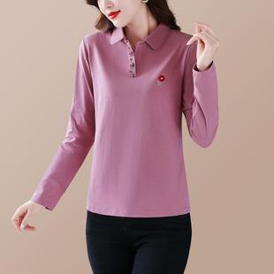 显瘦翻上衣服96217918宽 t女中恤年妈妈领pol新o衫 2025款 品牌长袖