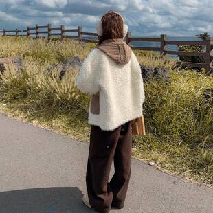 白百色针织连仿帽皮毛一体羊羔毛外套女冬新款韩系C312-513显气瘦