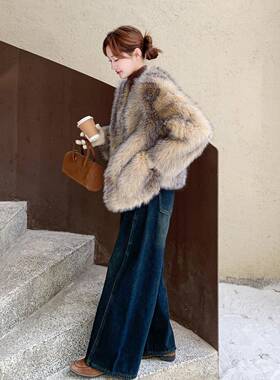 翻连帽外套b093-257女2025高冬季短款级时尚加领染厚渐v领气质毛