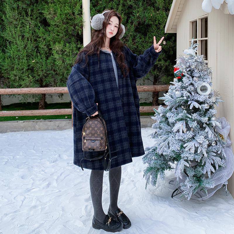 深蓝复计古格色双面呢纹羊毛大衣女2025D113-C99冬设感气质中长款