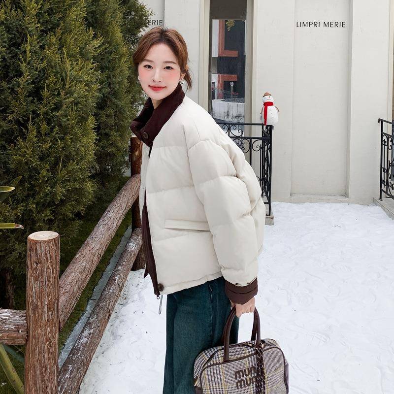 C062-870米白色羽韩系领拼接绒服女冬季2025新短款学院风立小子个
