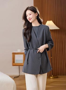休灰色闲V领西装外套女2WN1037-00215秋季修身小个子高级感质西气