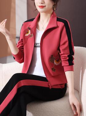 步运动装套女春秋年新款时休尚绣花减龄76205宽松闲女款跑服三件