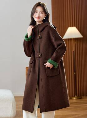 2025冬新款撞色宽松秋连帽两粒扣长双面羊毛大衣简约套ZHZH2641-0