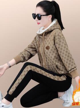 加绒加厚运套装冬202气3新款时尚洋花色连帽卫动衣休女闲服742515