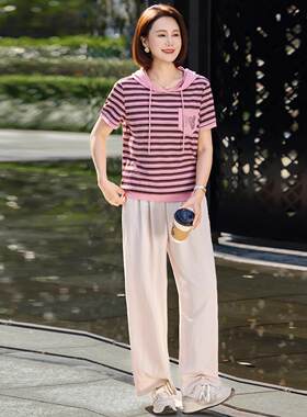 品牌女士时尚休套装天闲丝罗裤马布连帽1098短阔腿袖宽松舒适晨练