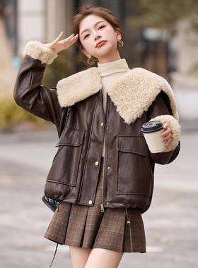 2052秋冬YB8969-1新加绒加厚宽松皮显款瘦休闲洋气保暖毛领衣外套