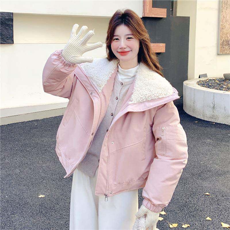 色羊羔毛领厚短款C118-M63羽绒服粉女2绒025新款冬季学院风减龄加