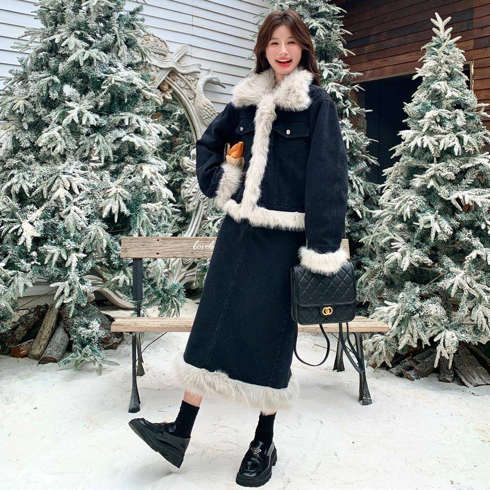 冬韩系季穿搭一整套20c100-2912新款氛围感毛绒接牛5仔外套拼半身