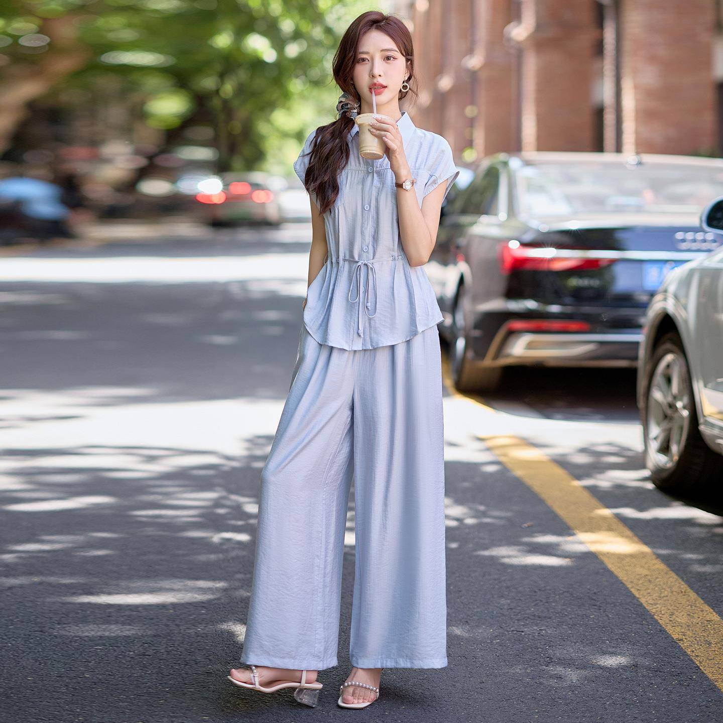 时套装2025款女显瘦龄洋尚气休闲新无袖衬衫阔减腿裤两件套N66161