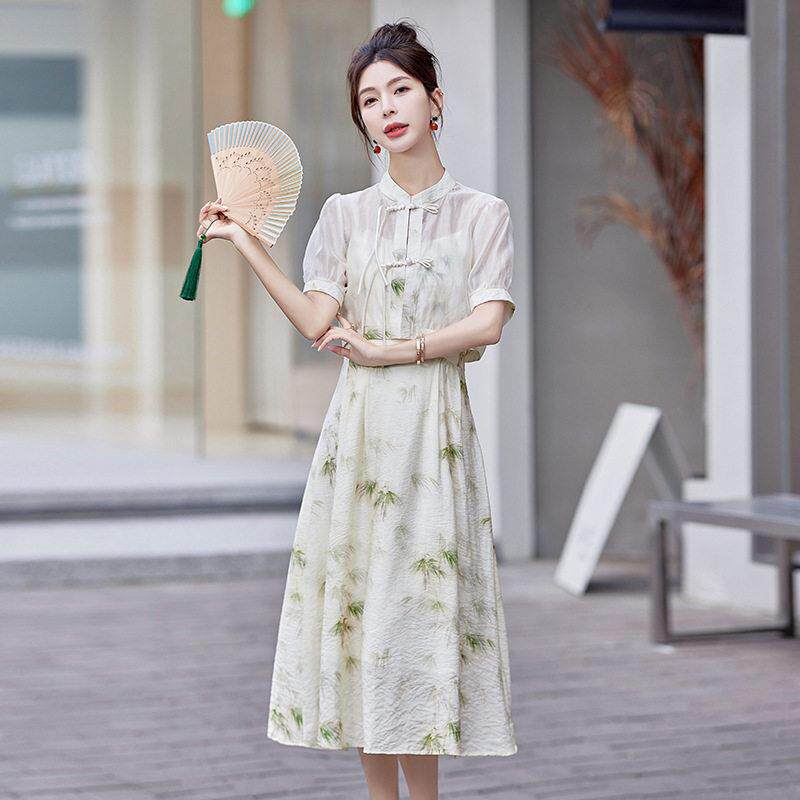 新W5512中连式印花衣夏装款裙雪纺连衣裙小个新子两件套套裙