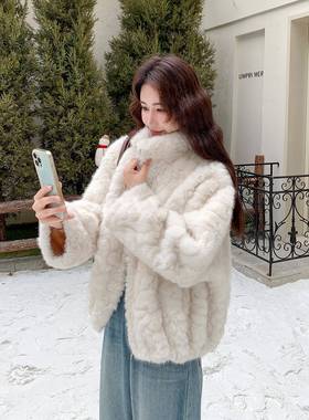 米白高级感软糯羊羔短外套女2c219-21425冬小个子色洋气毛0保暖毛