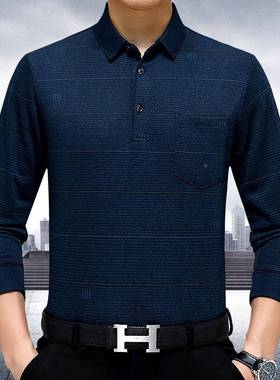 2023秋季新款中年O男士休长袖羊绒T5571-B恤闲爸装爸条纹体恤POL