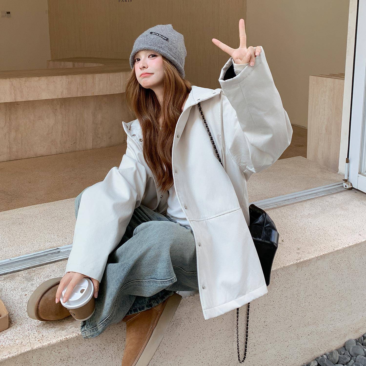 米白色尚连0帽时气质9绒羽绒服女冬2025新款2B154-WT宽松休闲工季