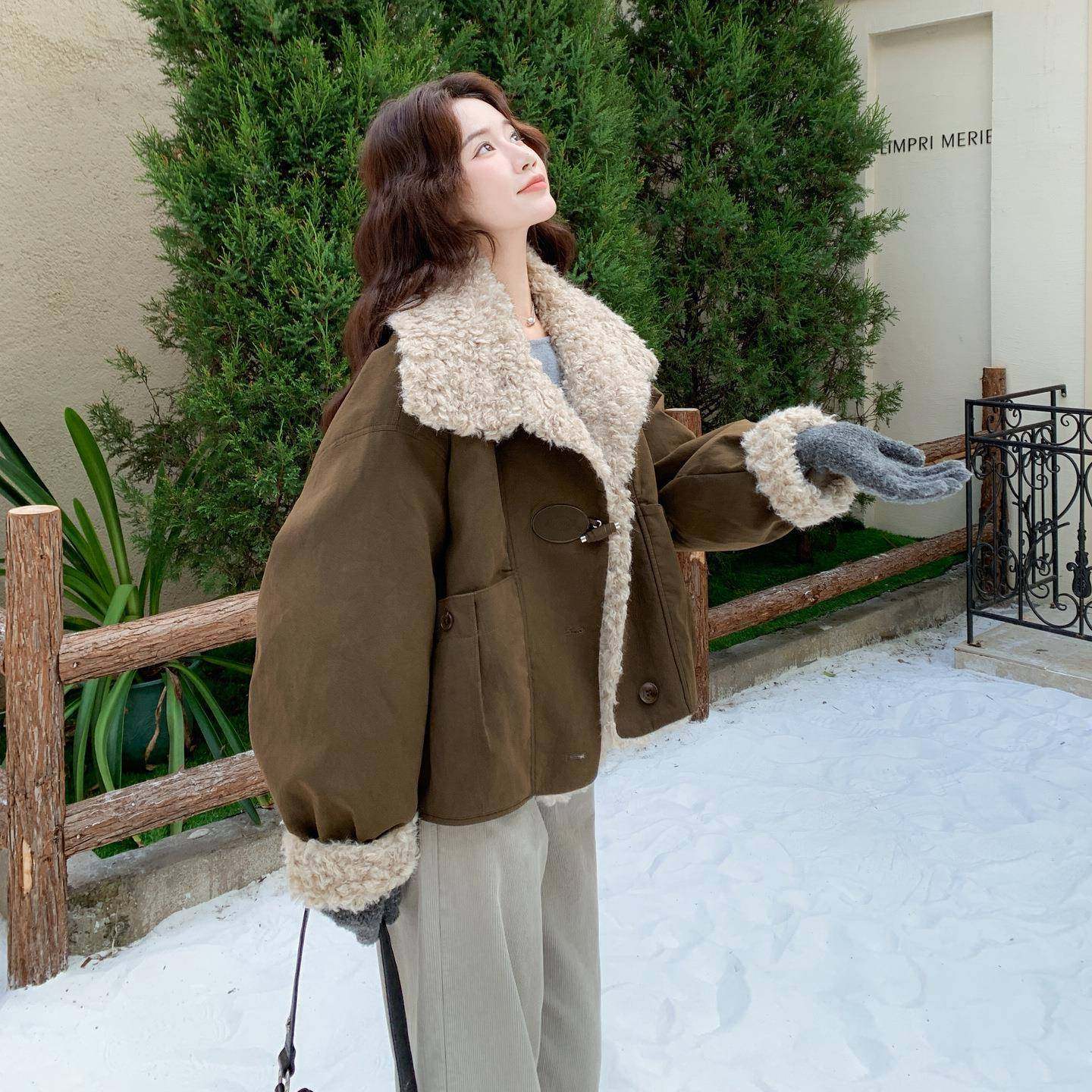 韩cD073-661hic氛围感暖羽绒服女轻毛拼绒接2025系冬季新款简约休