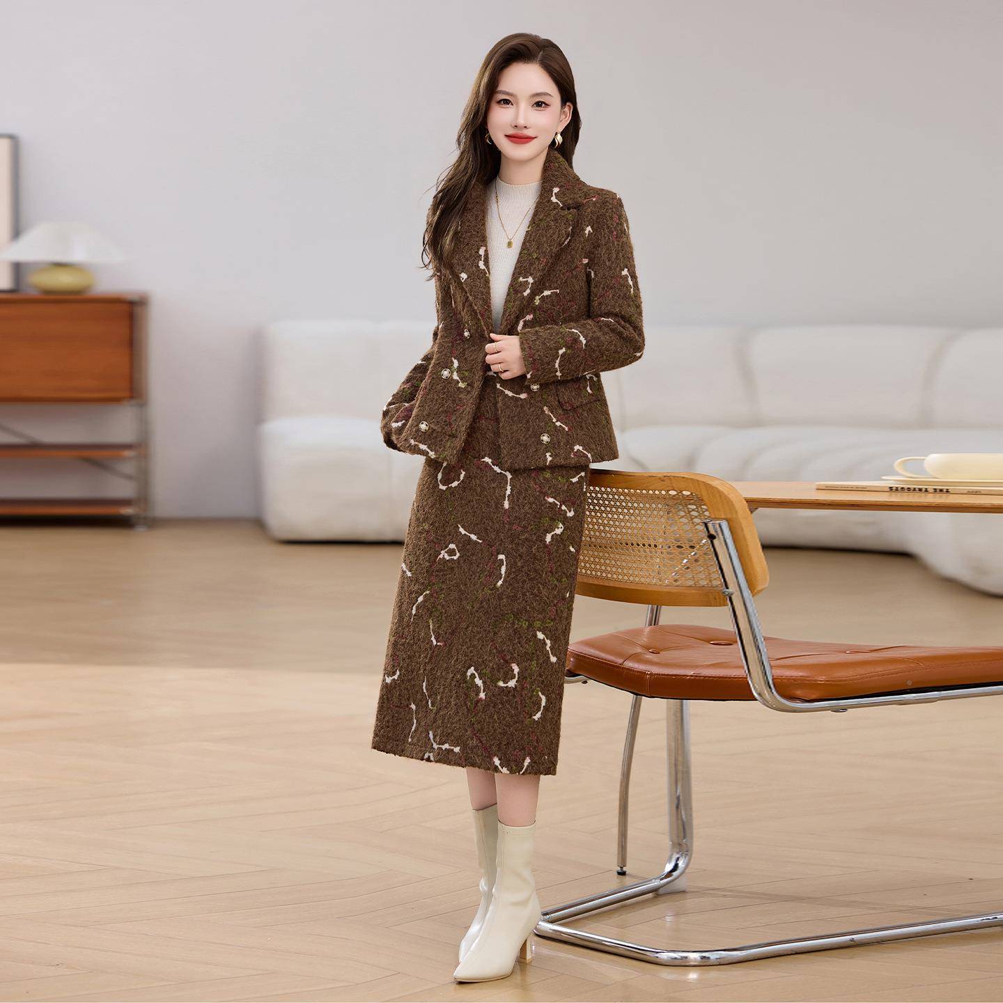 时尚休LB9760-1闲套装裙225秋冬季新款裙女装气质0翻领外套半两件