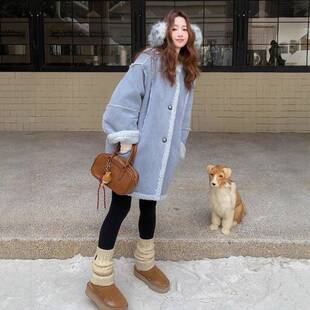蓝中款宽松复古羊羔毛外长套女2025冬季新款加厚保暖仿c373-262色
