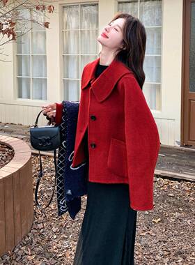 红色娃娃领系双排扣双面2呢大衣女冬205新韩宽松显瘦百毛搭呢D115