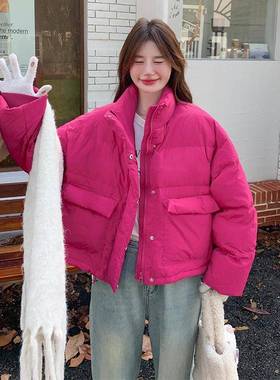 玫D122-160红色立短款领羽绒龄服女冬2025新款韩外版加厚减小个子