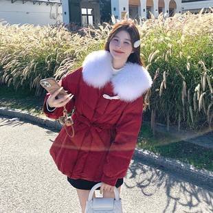 好看红色小个子D078-810羽绒服2025大款冬季女新收腰显瘦毛领白鸭