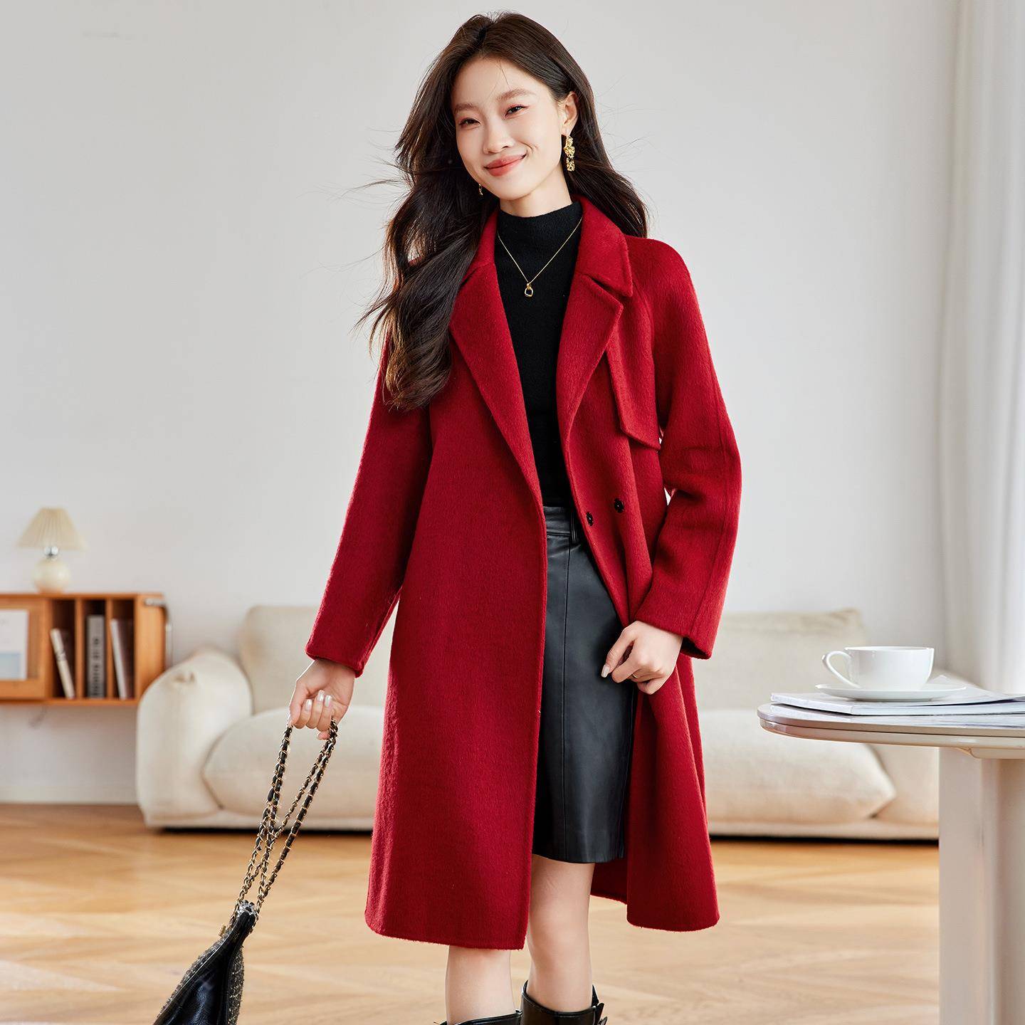 高级感GOD红面色双羊绒大衣女中长款款202年秋冬新5宽松慵懒毛呢
