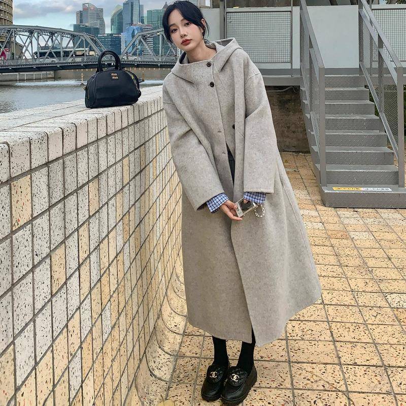 燕2麦灰2复古英伦风双面呢羊毛大衣女05秋冬新款帽2B143-66连气质