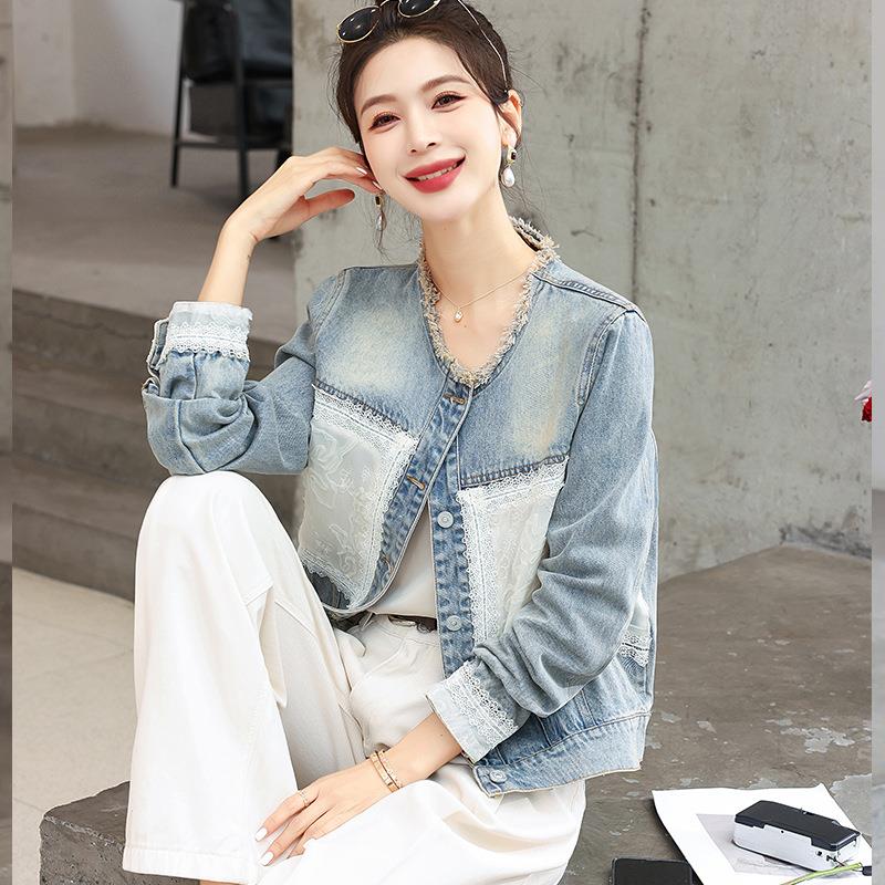 拼水色服牛仔外套女小个子短新款2025春秋季款洗毛边圆领ZGE7712Y
