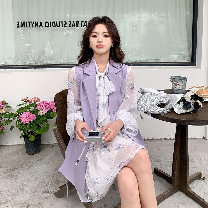 温柔风系西装马甲套ZR2D120装裙女秋季件新款个子碎花连小韩衣裙
