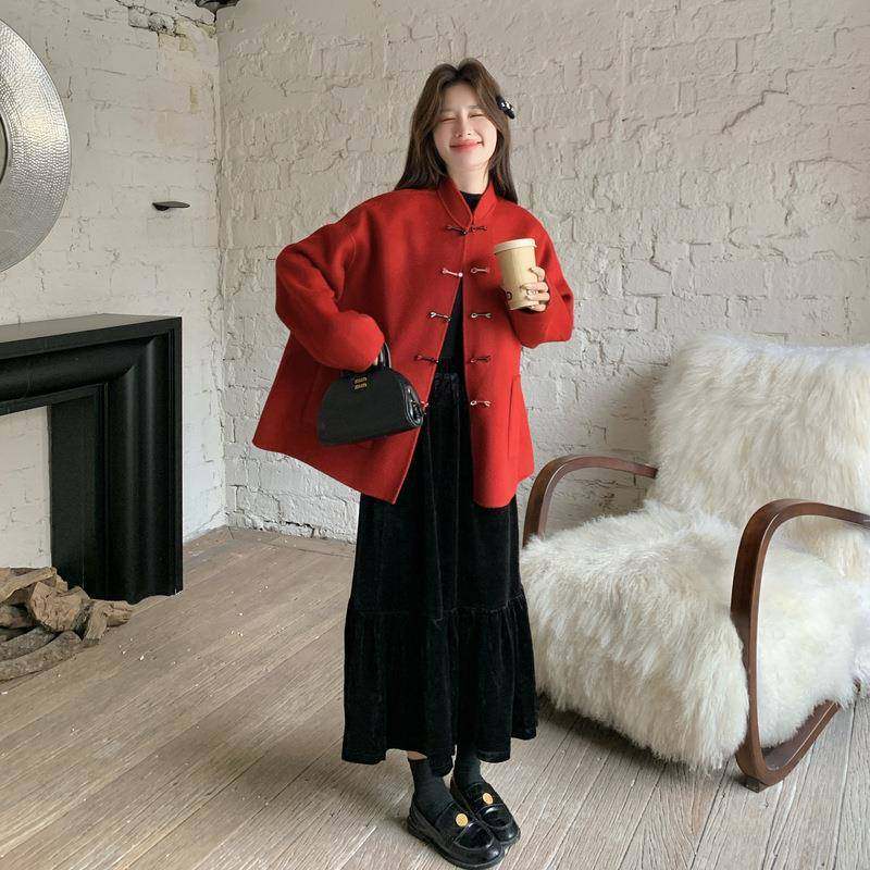 裙中国5D014-100红新中式国风套装裙女202新款冬气质毛呢外套连衣