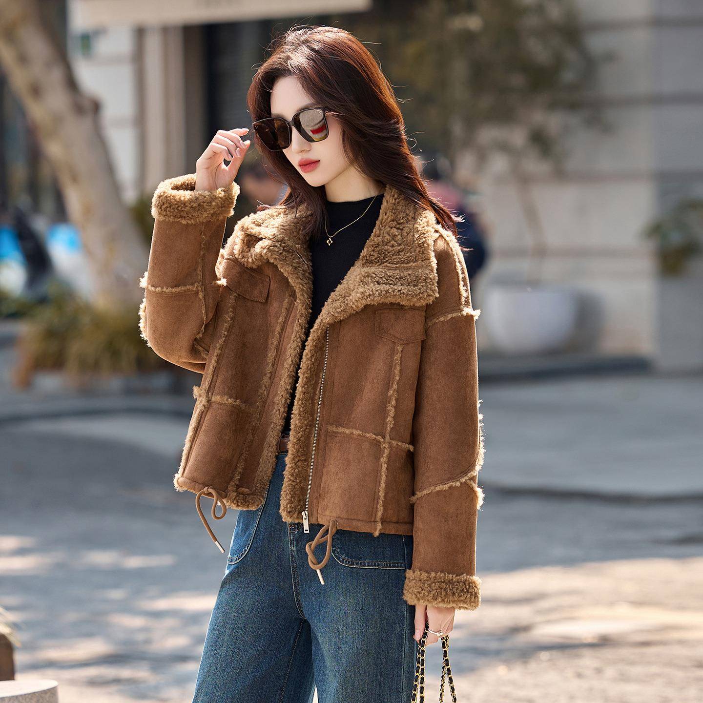 20025冬装新款年女装短套RX9303-1时尚百搭气质翻领皮毛一体女上