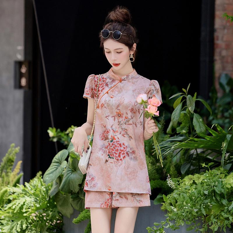 新中国风套女装夏新款花复古盘扣印洋气显瘦式ZMAN8251短裤两件套