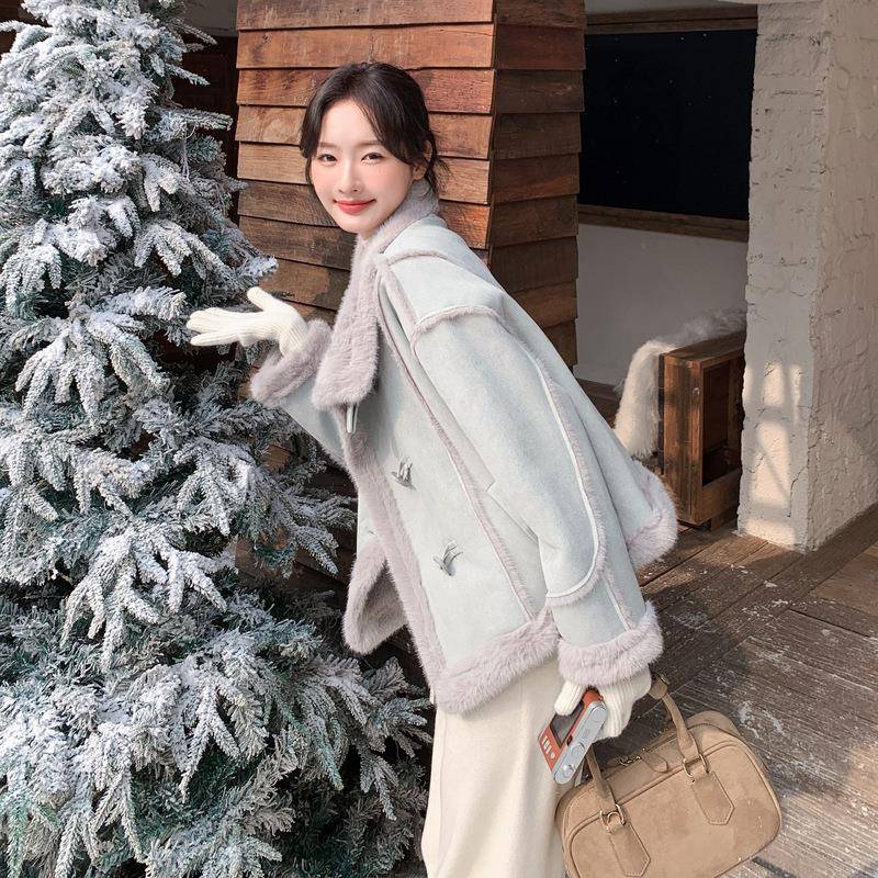 蓝仿皮毛一体羊羔毛色棉服外套女5冬子c062-267202新款好看的小个