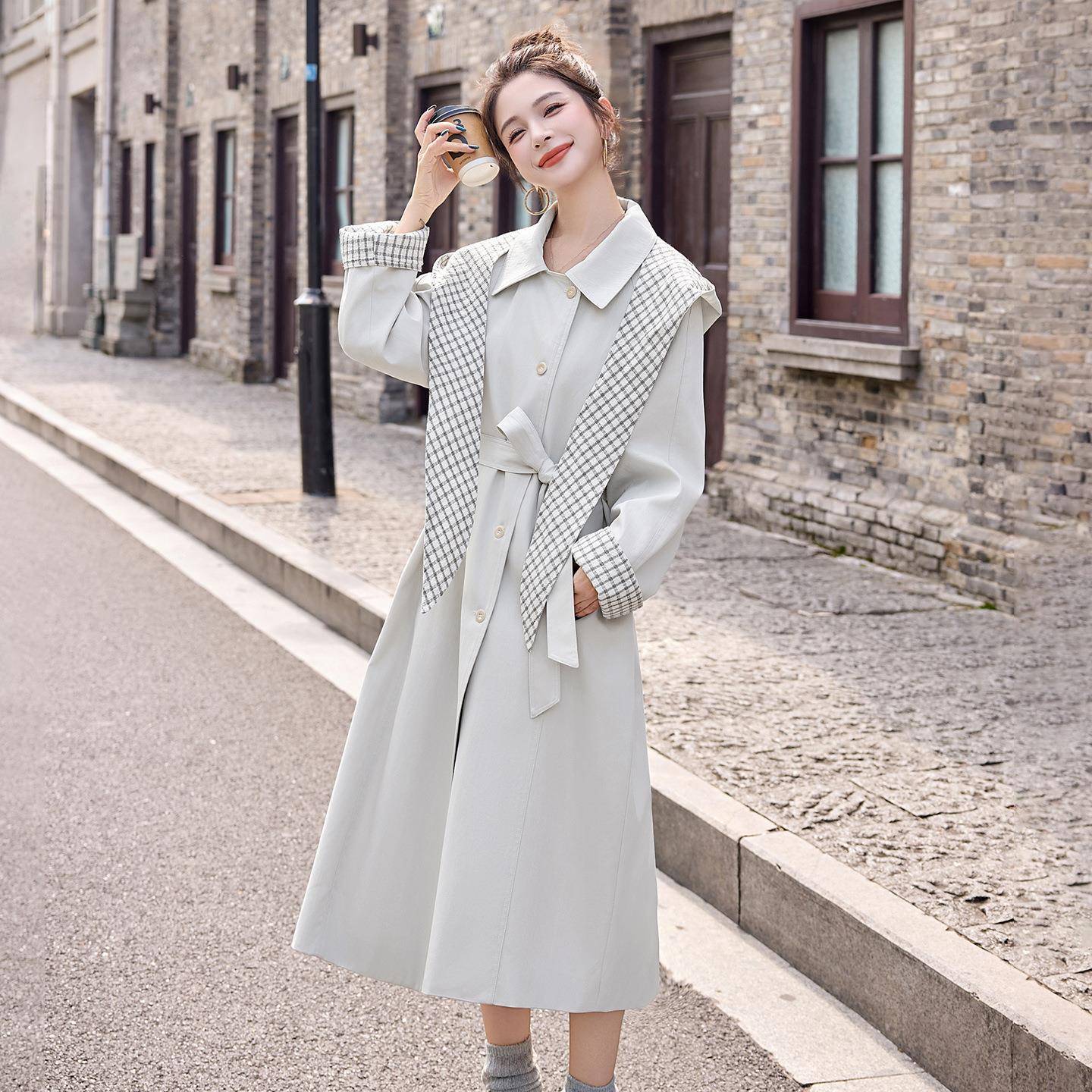 女式新风衣女2025秋季款2单排扣系带长款RX9265-0X收腰连帽大衣外