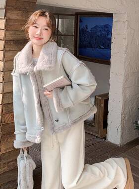 灰蓝色体仿2皮毛一羊短羔毛外套女冬季C203-772025新款慵懒风保暖