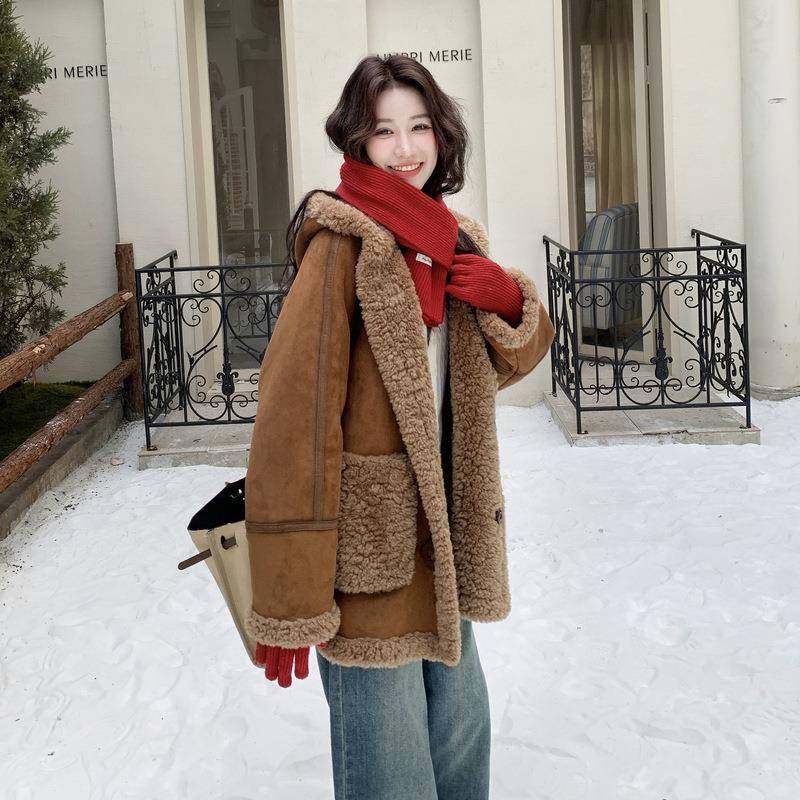 色复古两面穿连帽羊新羔毛外套女2022B076-825冬季保暖厚实加厚棉