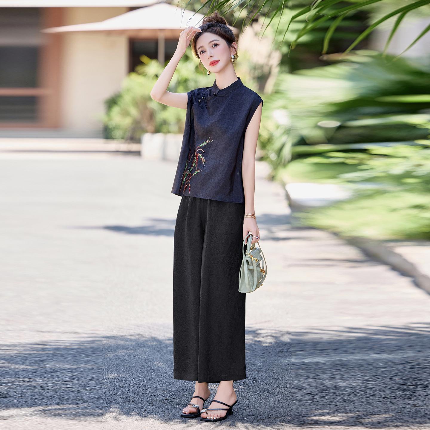 新中裤式国风刺珠片人丝香云纱套装绣ZMAN8251女款新名媛马甲阔腿