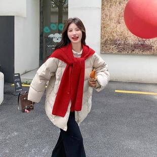 杏色羽绒服女冬季225新款D012-921韩0休闲风针织围巾系白鸭绒中长