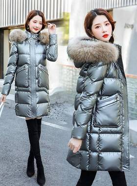 撤柜贸正亮面免洗羽绒服品41357中长款2025冬季外连帽女白鸭绒加