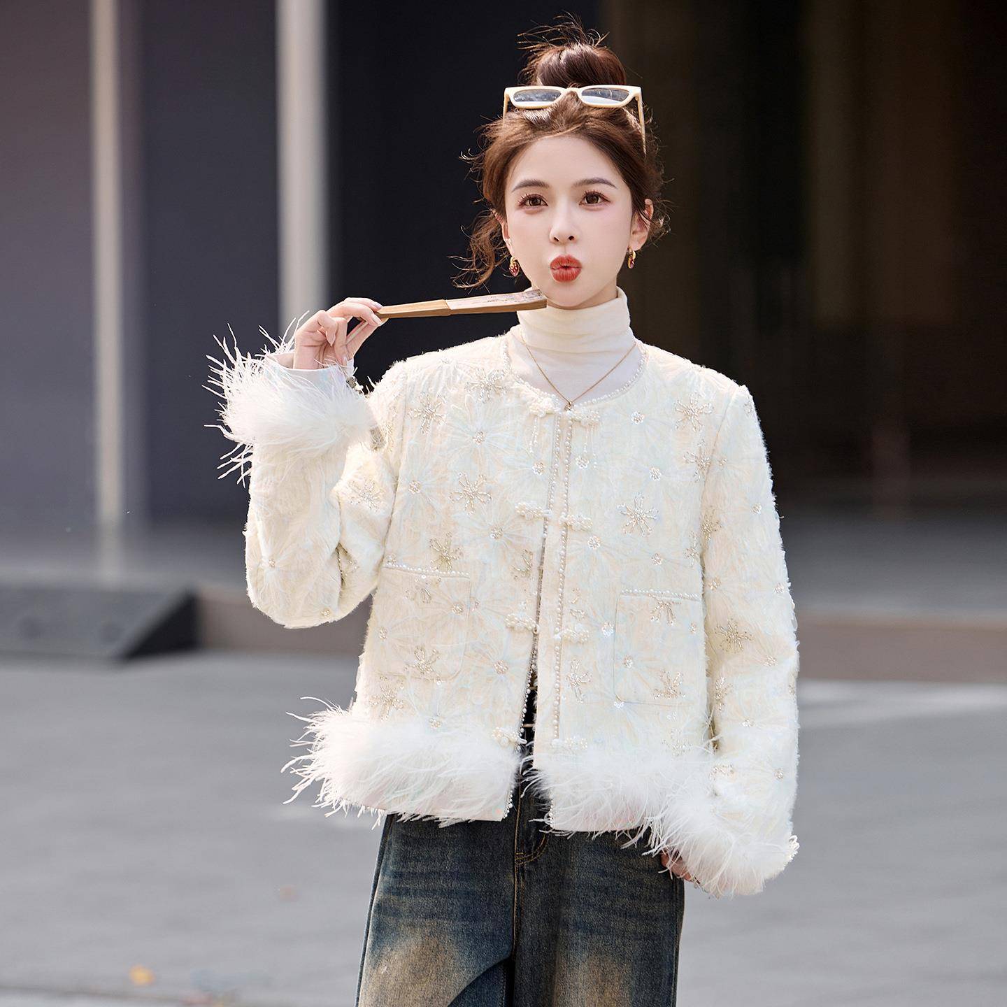 205秋冬羽绒内2胆新中式ZAI8133Q中国鸟风盘扣驼香毛小风90白鸭绒