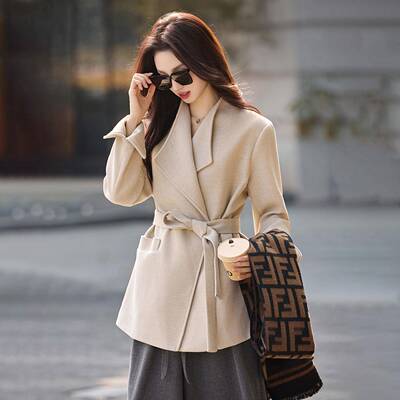 2新ZHUO A1225年秋冬款时尚毛高级感轻奢气质系带翻领中长款呢0大