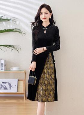 季新款女装袖显长瘦新秋金中式丝绒拼接百褶印花时尚连衣裙LXLX88