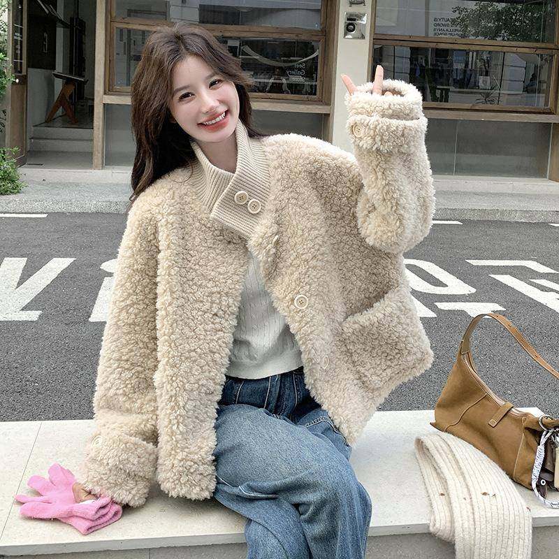 杏色羊羔毛外套女2025冬款新加绒b105-987加厚立针拼接织领保暖仿
