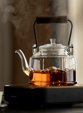 日式木把提梁壶加厚耐热玻璃壶650ml带过滤壶复古侘寂风功夫茶具
