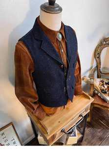 春秋美式复古彩点粗花呢马甲男羊毛修身西装领猎装休闲咔叽帅马夹