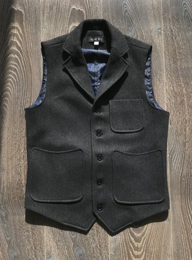 秋冬复古tweed猎装马夹深灰色黑帮男式人字羊毛马甲咔叽潮流混搭