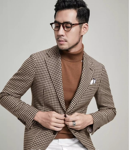 春秋粗花呢西服外套潮男新款 男百搭千鸟格商务休闲绅士羊毛呢西装
