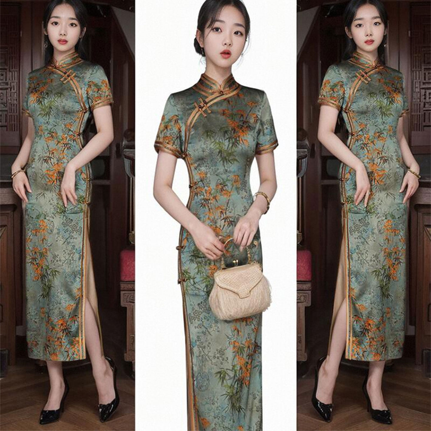 金边竹叶夏季高级感新款复古缎面日常少女妈妈修身短袖长旗袍礼服