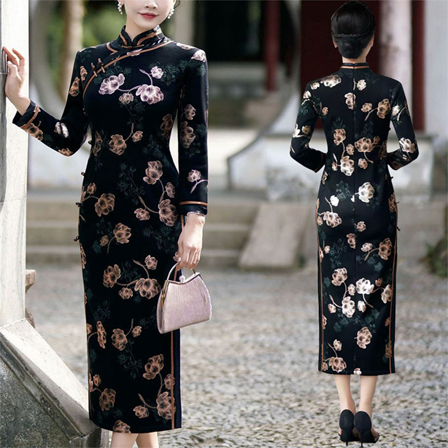 秋冬旗袍女长袖新款中式改良日常高级感轻奢小众烫金绒礼服连衣裙