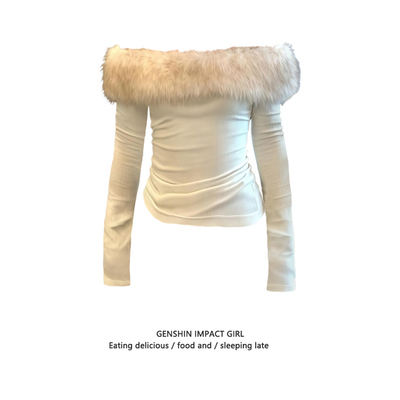 高级感一字领毛毛拼接长袖T恤女